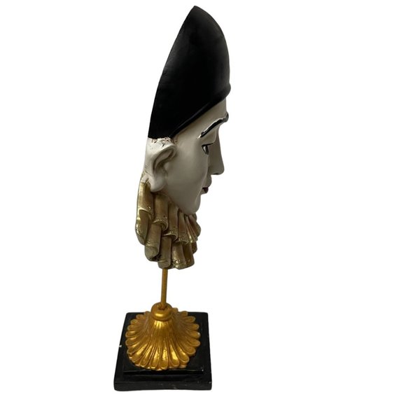 Harlequin Pierrot Clown Head Mask on a stick Gold collar Black Pedestal  Decorat - Picture 8 of 8
